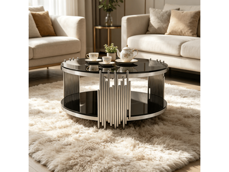  Table basse moderne verre noir 80 cm plateau double verre rond piètement acier argenté salon appoint maison bureau  - Conforama B