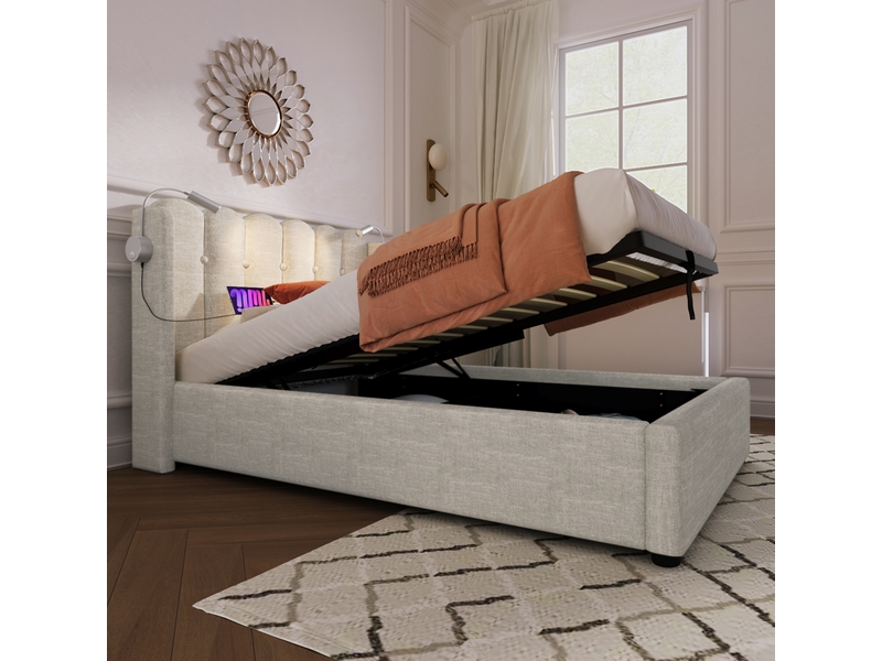 Lit coffre adulte 90x200 cm – beige naturel – liseuses orientables, port usb, rangement et matelas inclus - Conforama B