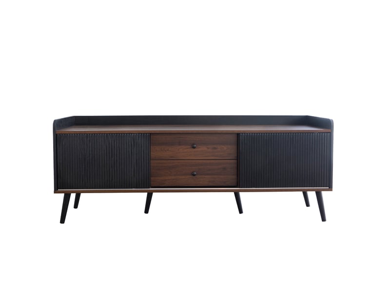  Meuble télévision bas 160x40x58 cm 2 portes coulissantes, 2 tiroirs, pieds bois, panneau particules e1, noir et bois  - Conforama A