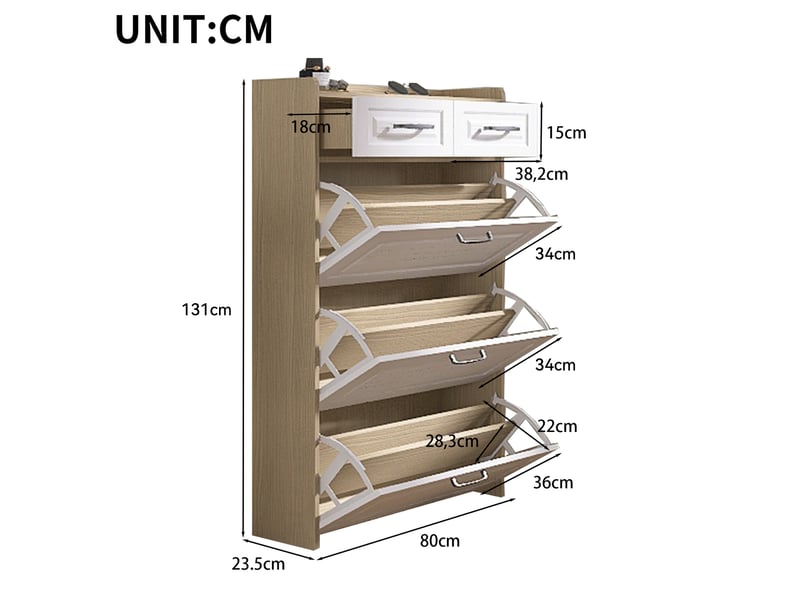  Meuble à chaussures 80x23,5x131 cm, portes, tiroirs, meuble entrée, rangement, panneau de particules, blanc et naturel  - Conforama C
