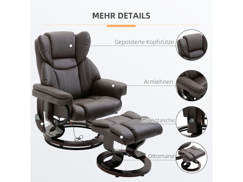  Fauteuil de massage inclinable avec repose-pieds, similicuir marron, 145°, pivotant à 360°, pour salon et coin détente  - Conforama E