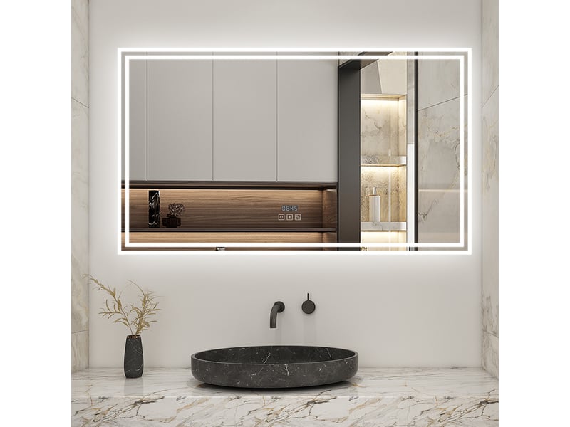 Aica miroir lumineux 140 x 80cm, bluetooth + 3 couleurs + dimmable + horloge + anti-buée + mémoire, miroir salle de bain mural  - Conforama F