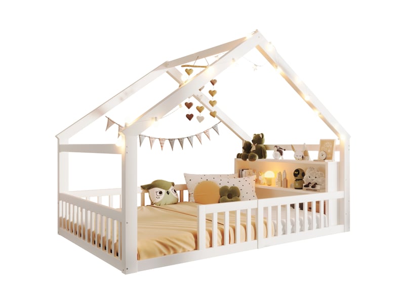  Lit plat 140 x 190 cm, lit enfant avec barrière de sécurité, éclairage led intégré, structure en pin, sans matelas, style minimaliste, blanc  - Conforama A