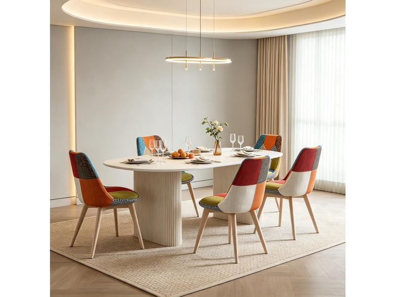 Lot de 4 chaises de salle à manger multicolores en tissu en lin avec pieds en bois - Conforama D