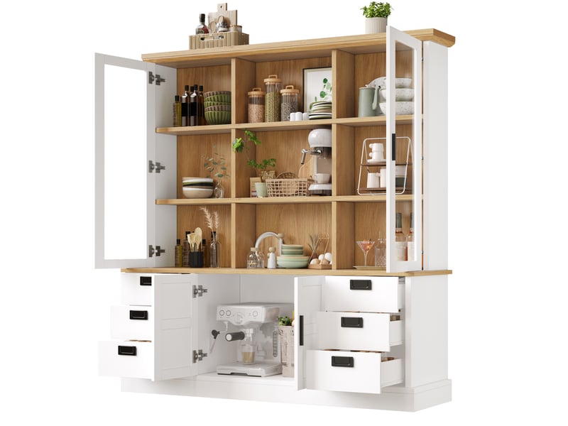  Buffet de cuisine haut avec étagères 4 portes 6 tiroirs portes vitrées anti-basculement pour cuisine 140 × 40 × 185 cm  - Conforama A