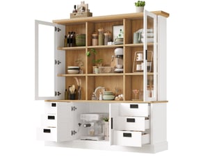 Buffet de cuisine haut avec étagères 4 portes 6 tiroirs portes vitrées anti-basculement pour cuisine 140 × 40 × 185 cm