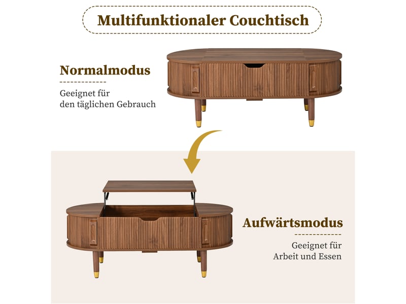  Table basse ovale à plateau relevable avec rangement - lpospi - portes coulissantes rainurées mdf noyer  - Conforama E