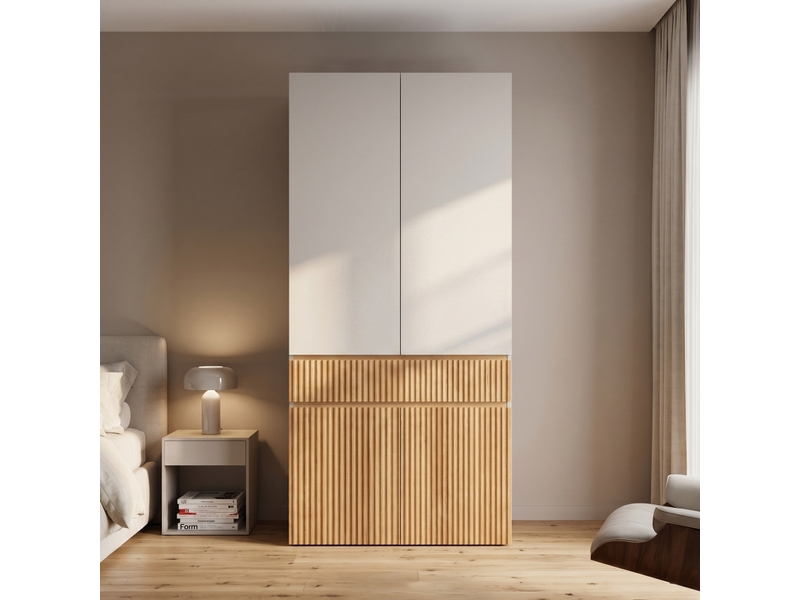 Armoire penderie 90x50x200 cm 4 portes avec 1 tiroir - chêne clair et gris - design moderne - Conforama B
