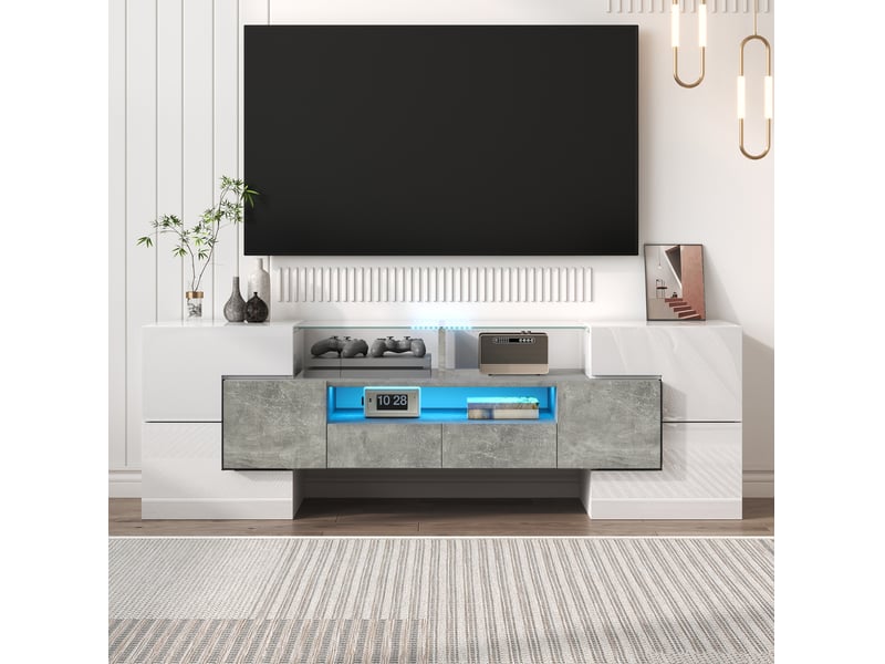  Meuble tv 145 cm blanc brillant effet béton, led, 6 portes et 2 tiroirs  - Conforama E