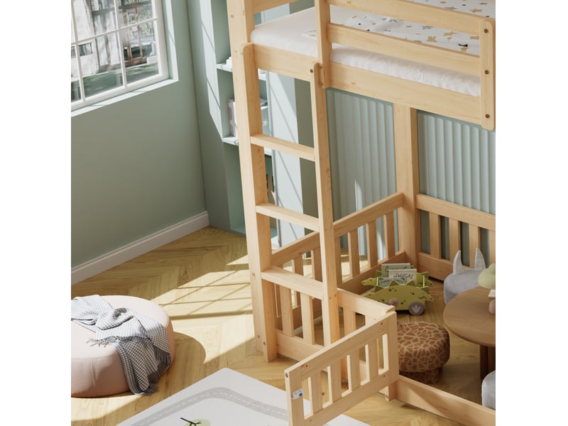 Lit mezzanine enfant 90 × 200 cm 1 place avec escalier, barrières et porte, sans matelas, en pin naturel  - Conforama E