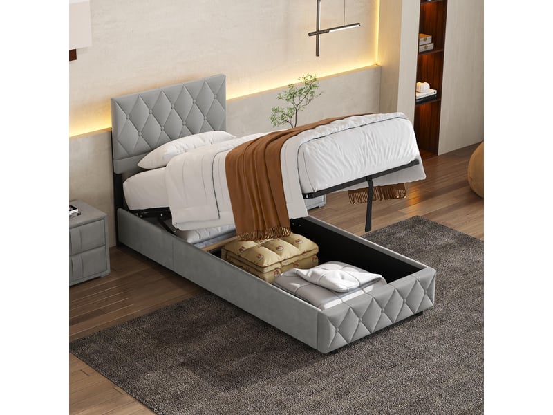  Lit simple 90 × 190 cm avec coffre de rangement, sans matelas, en simili cuir, gris  - Conforama B