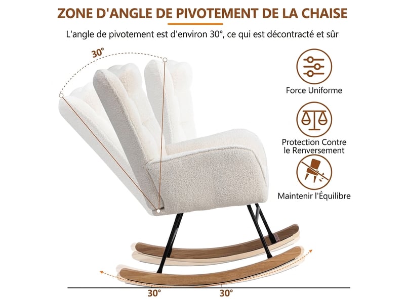  Fauteuil à bascule blanc avec repose-pieds et coussin, tissu bouclette, cadre en bois d'hévéa, assise 65 cm  - Conforama D