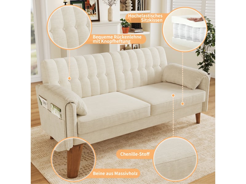  Canapé 2 places beige en tissu chenille avec pieds en bois massif  - Conforama C