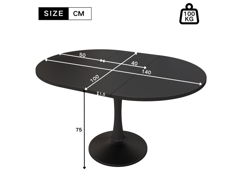  Table à manger extensible ovale 100–140 x 100 x 75 cm, avec plateau extensible, bords arrondis, style moderne, noir  - Conforama C