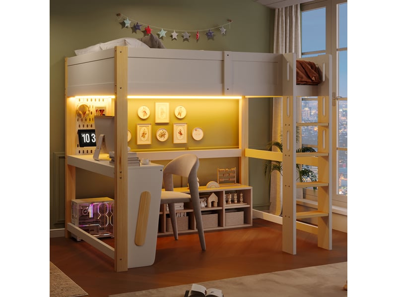  Lit mezzanine enfant 140x200cm en pin avec bureau,panneau perforé,éclairage led,lit superposé double avec barrières,sans matelas,naturel  - Conforama B
