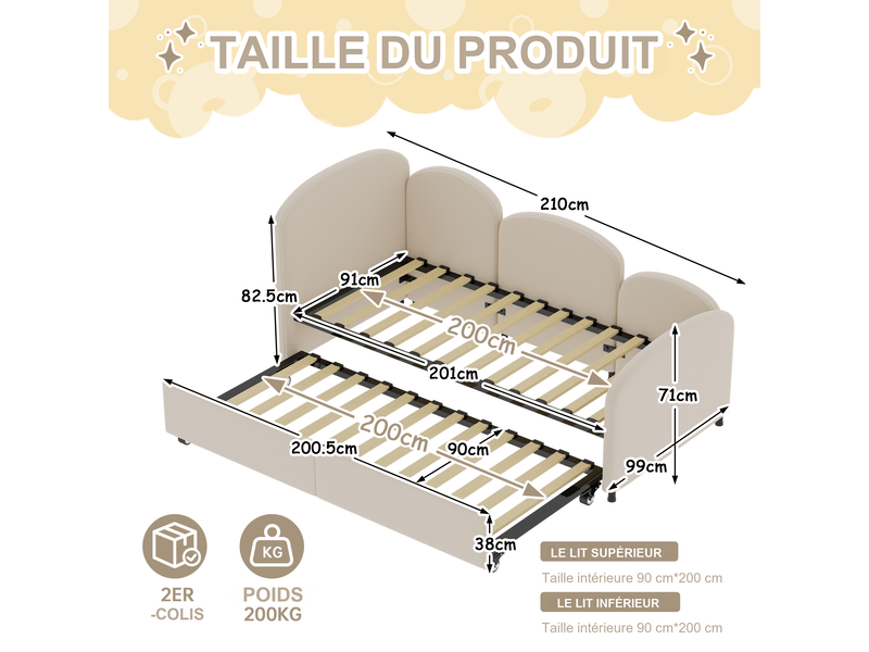Lit gigogne enfant softsea 90x200 cm en velours beige, 210x99x82,5 cm, style fleur, banquette chambre - Conforama C