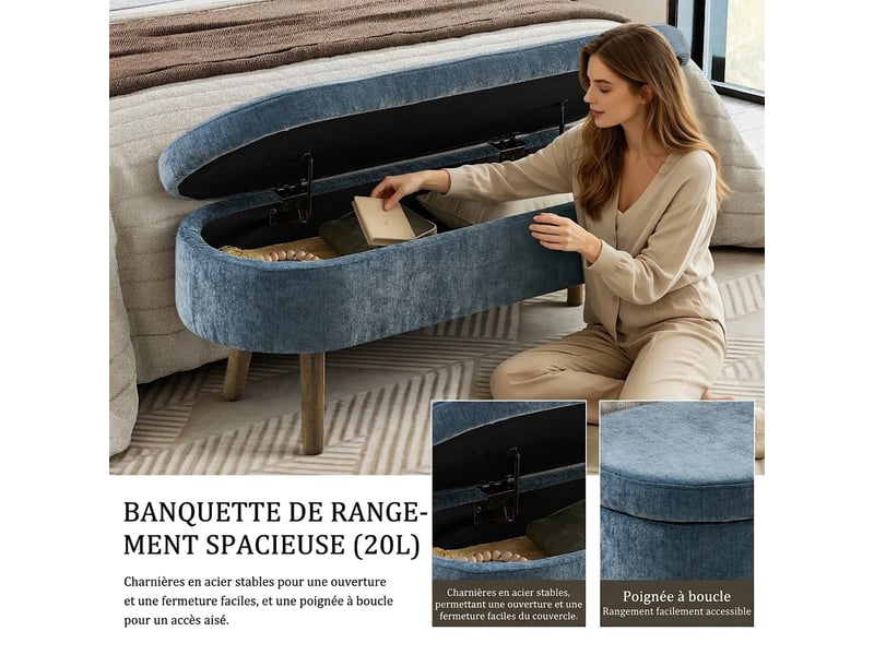  Banc de rangement bleu 110 cm en tissu chenille, forme ovale, pieds en bois  - Conforama D