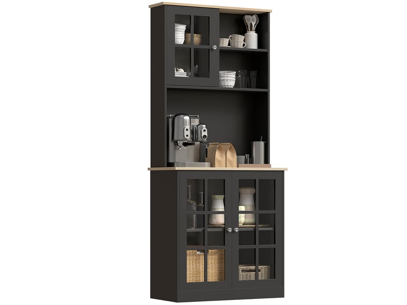  Buffet de cuisine, armoire haute, meuble avec plan de travail, 3 portes vitrées, noir, 72 x 37 x 183 cm  - Conforama A