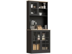 Buffet de cuisine, armoire haute, meuble avec plan de travail, 3 portes vitrées, noir, 72 x 37 x 183 cm