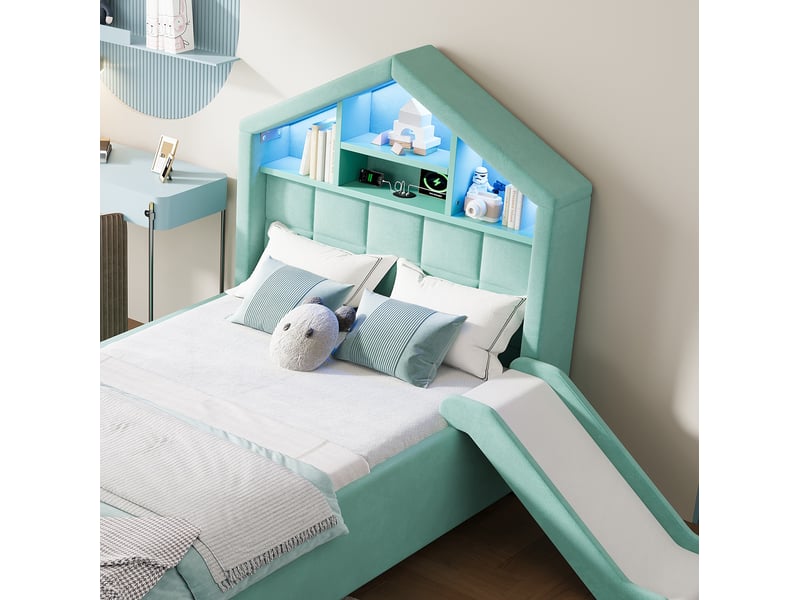  Lit enfant 90x200 cm bleu-vert en velours, avec toboggan réversible, led, rangement et charge, sans matelas  - Conforama D