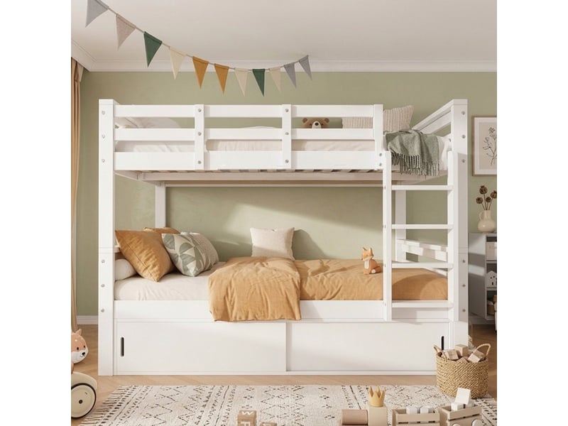 Lit superposé enfant 90x200 cm - 2 lits séparables, portes coulissantes et échelle - pin et mdf - blanc CozyNest - Conforama B