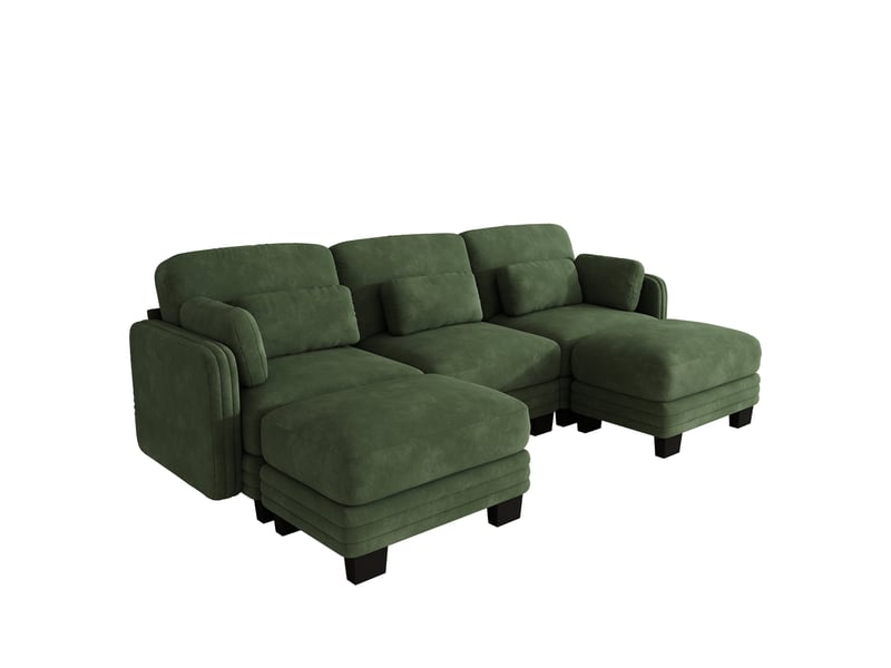Canapé panoramique modulable en u 3 places avec 2 poufs, assise large et profonde, tissu chenille vert, cadre bois massif, 253 x 143 x 88 cm - Conforama A