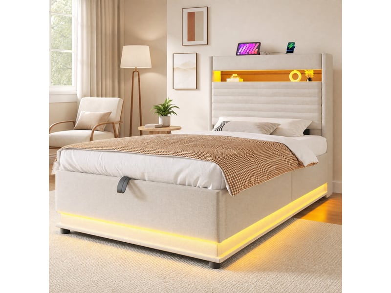  Lit coffre 90 x 200 cm en lin beige avec led, ports usb et type-c  - Conforama D