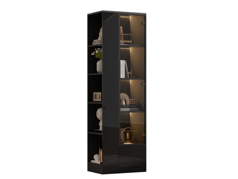 Vitrine noire 50x35x160 cm avec porte en verre, éclairage led, finition brillante, tiroir et étagères ouvertes, meuble rangement salon salle à manger - Conforama A