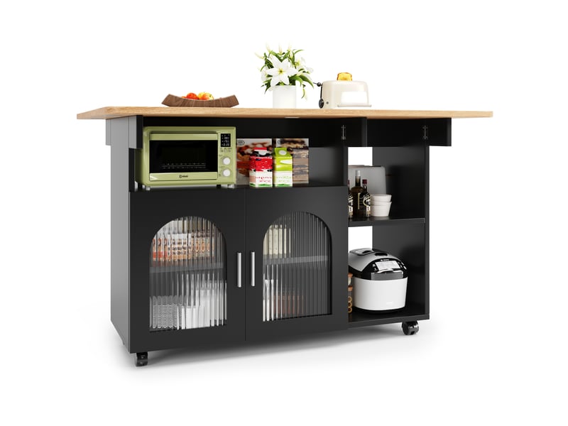  Buffet cuisine noir multifonction - îlot avec chariot amovible et table de repas - rangement intégré  - Conforama A