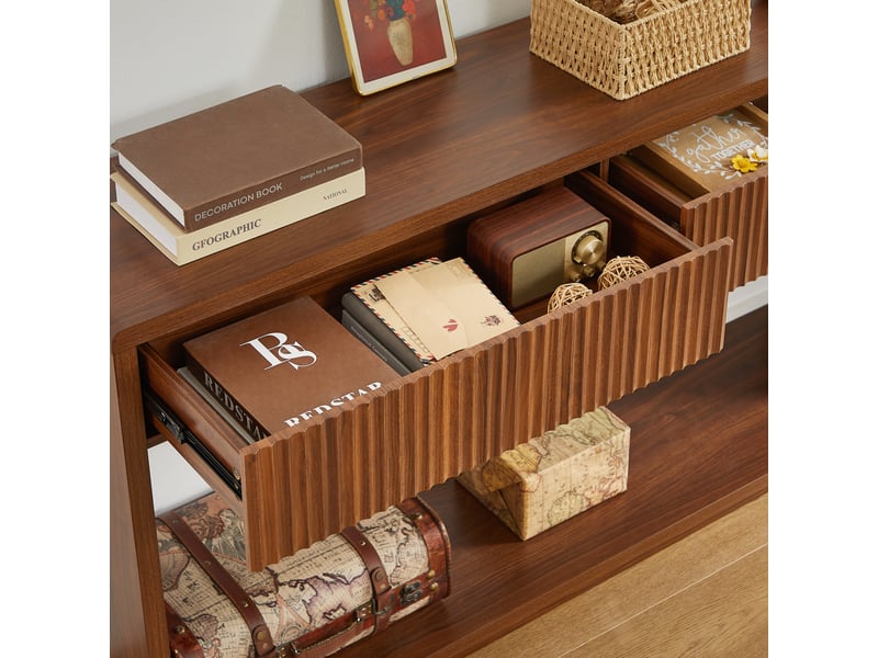  Console d'entrée moderne 150 cm en bois foncé, 2 tiroirs et étagère ouverte pour votre intérieur élégant  - Conforama D