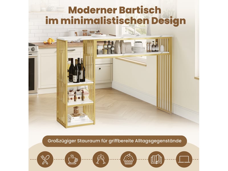  Table de bar 140x40x105 cm avec rangements, décor marbre blanc et doré  - Conforama D