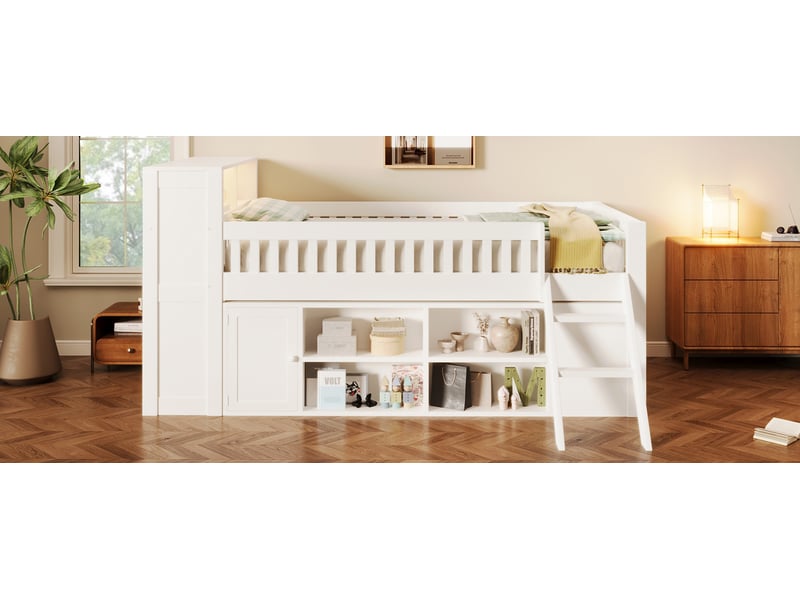 Lit en bois 120x200 cm blanc mdf et pin avec éclairage led rangements ouverts et fermés et échelle Sol Morn - Conforama B