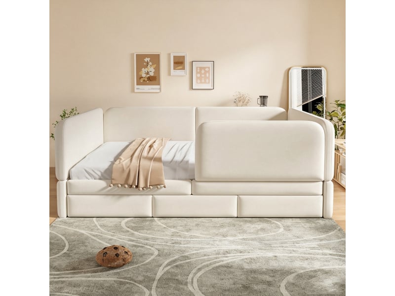 Lit enfant 140x200 cm beige en velours avec contours arrondis, 3 tiroirs et sécurité rembourrée - Conforama W