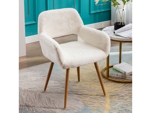 Chaise de salle à manger avec accoudoirs et dossier ajouré  - pieds métal effet bois, fausse fourrure - blanc