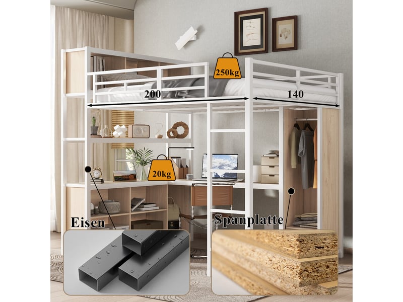  Lit surélevé 140x200cm en métal et panneau bois, blanc et naturel, bureau, étagère, penderie et échelle  - Conforama C