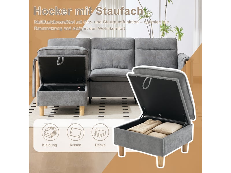  Canapé d'angle, canapé 3 places, en chenille, poches latérales, avec pouf, pour salon et séjour, adapté à l'espace de vie  - Conforama W