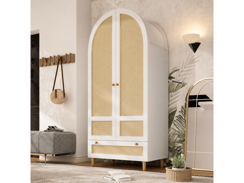 Armoire chambre 80x50x180 cm - penderie avec cannage rotin, 1 tiroir, tringle à vêtements, design en arche, blanc - Conforama W