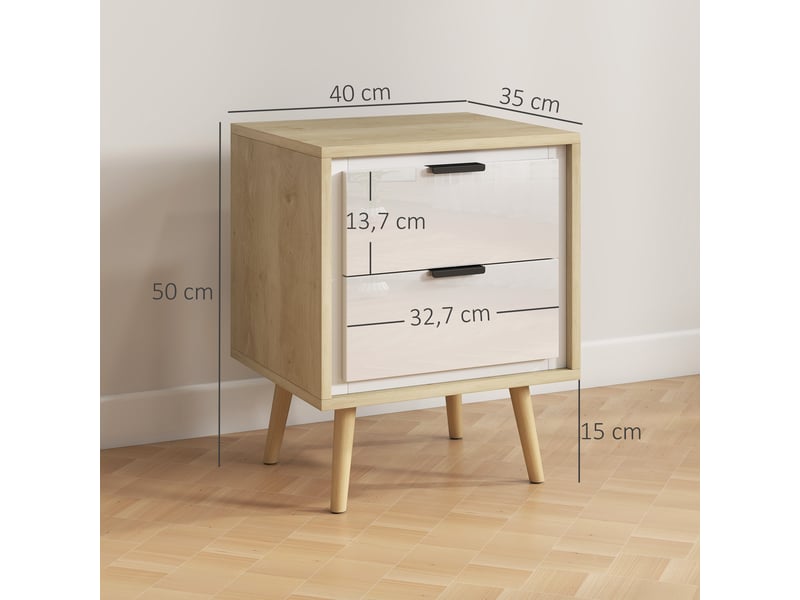  Ensemble de 2 tables de chevet modernes avec 2 tiroirs coulissants silencieux 40 x 35 x 50 cm blanc brillant et chêne  - Conforama E