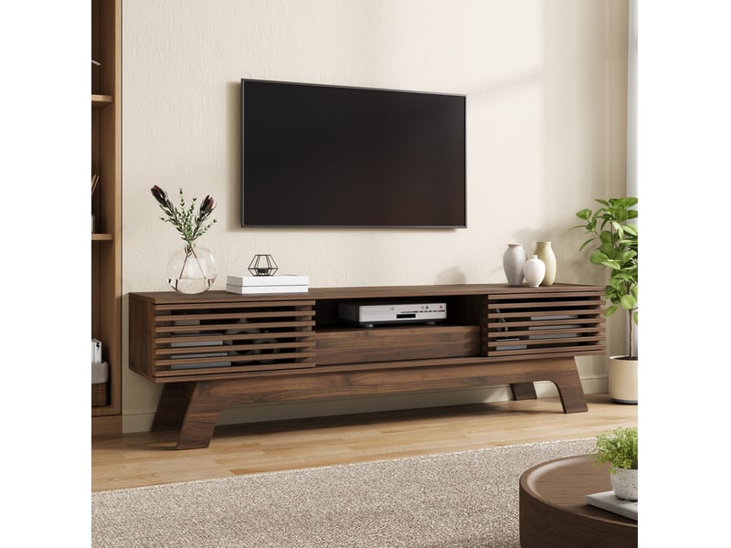  Meuble tv bas 150x35x44 cm – noyer – en mdf, 2 portes, 1 tiroir et passe-câbles pour salon moderne  - Conforama E
