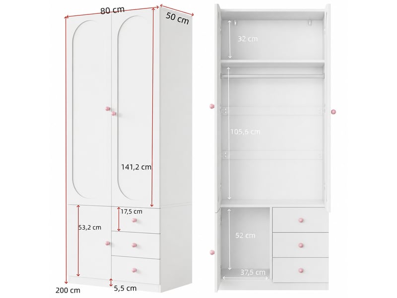 Armoire enfant 2 portes, penderie, 3 tiroirs et niche ouverte, poignées roses, mdf blanc laqué 80 × 50 × 200 cm - Conforama C