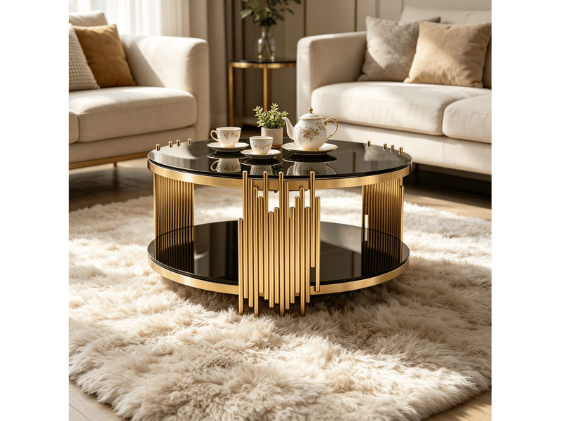  Table salon repas ronde double niveau en verre trempe noir et gold homvra  - Conforama B