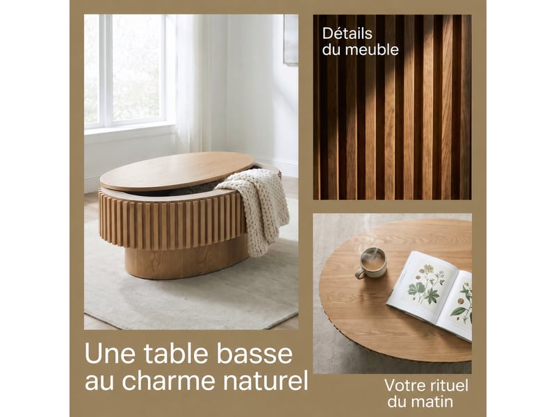 Table basse ovale cannelée muvano placage bois massif finition bois naturel avec rangement 98 x 60 x 35 cm - Conforama D