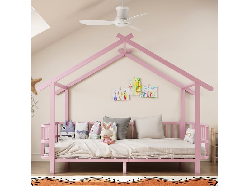  Lit enfant cabane en métal 90 x 200 cm avec barrières de sécurité, rose  - Conforama D