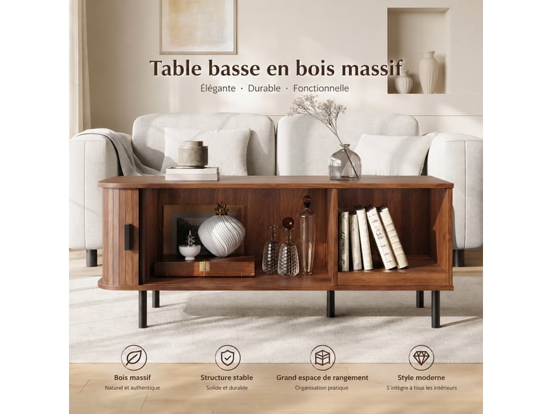  Table basse effet noyer avec porte coulissante et niche ouverte, 110 x 40 x 55 cm  - Conforama D