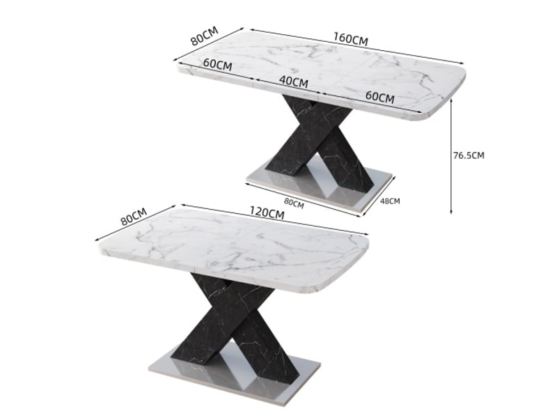 Table à manger rectangulaire extensible 120-160 cm - plateau marbre blanc imprimé - piètement x noir mdf - base métal - Conforama C