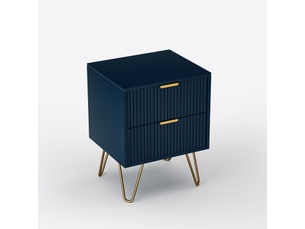 Table de chevet 1 pc - 35,5x40x50cm - table de nuit en bois à 2 tiroirs cannelés & pieds épingles dorés - bleu marine