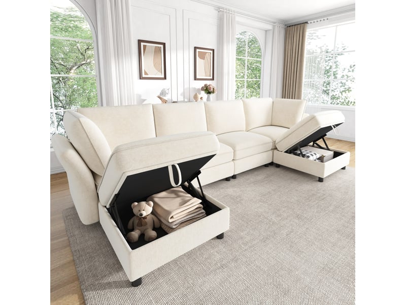 Canapé d'angle modulaire 6 places en tissu beige avec 2 poufs de rangement, composition libre en u ou l - Conforama B