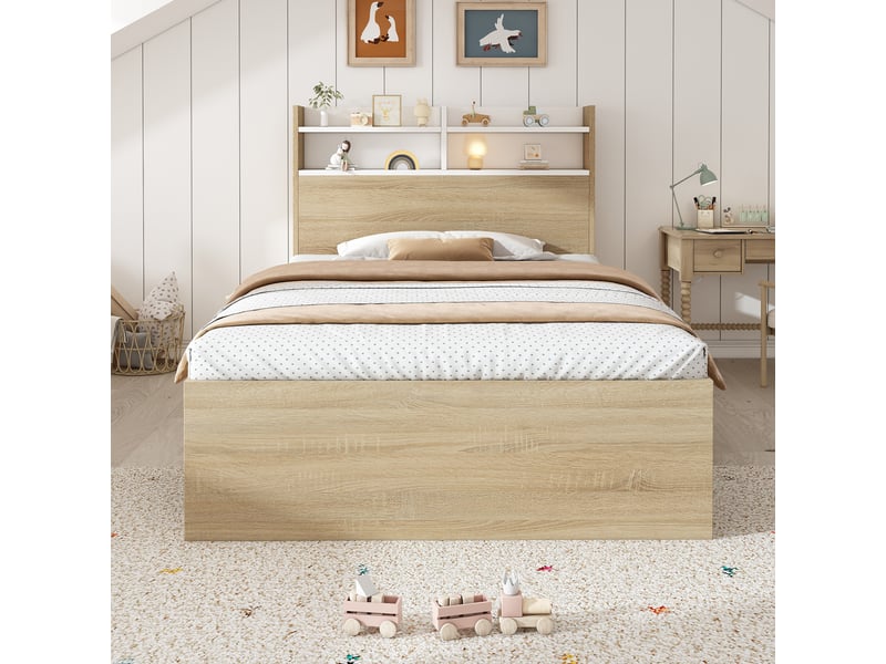  Lit simple 90x190 cm avec tête de lit, 2 tiroirs et rangements ouverts, bois, blanc et chêne, sans matelas  - Conforama E