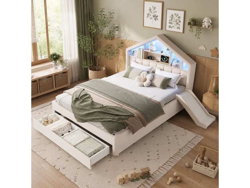  Lit cabane 140x200 cm en velours beige avec toboggan, led, prise de charge, étagère de tête de lit et coffre chicfurn  - Conforama B