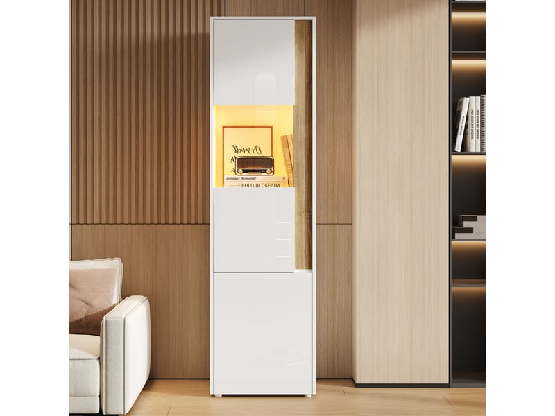  Vitrine de rangement, avec 2 portes, avec éclairage led, coloris blanc et naturel, pour salon, solution de rangement fonctionnelle  - Conforama D